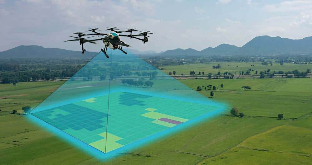 Drone flying over farmland while capturing mapping data