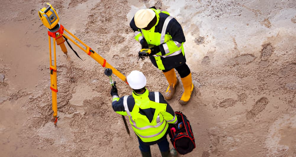 Two surveyors in safety gear setting out a construction site with a survey instrument